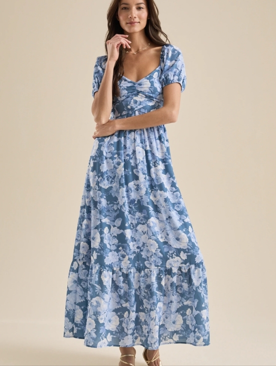 Altar'd State Dresses & Skirts - NWT Altar'd State Alora Blue Floral Maxi Dress Romantic Puff Sleeve Tiered XL